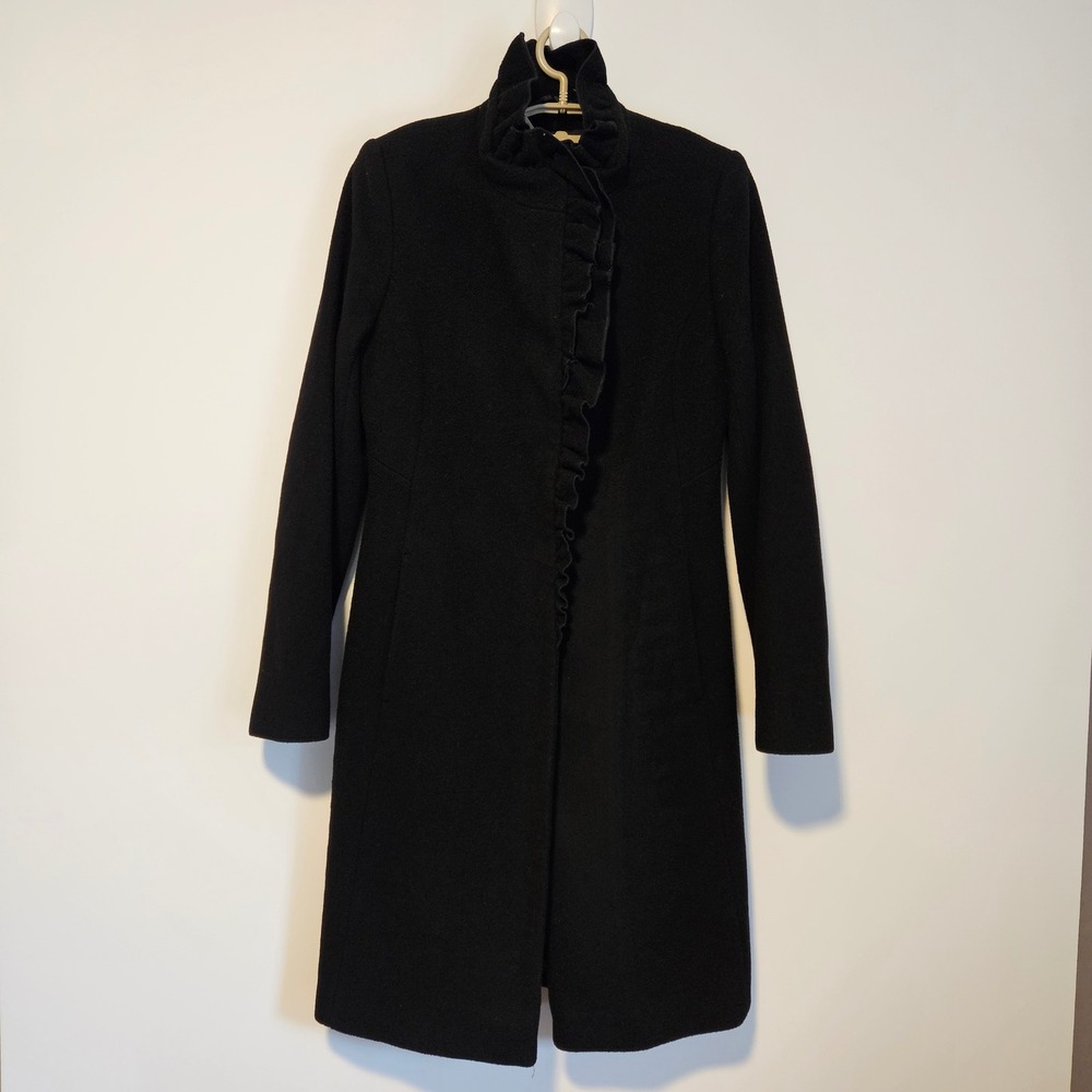 DKNY Dress Coat 6 Black Wool Cashmere Ruffle Whimsigoth Office Overcoat Work